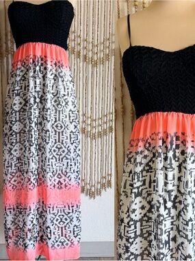 Black Neon Pink Boho Print 2012 Maxi Floral Tank Open Back Festival Summer Dress